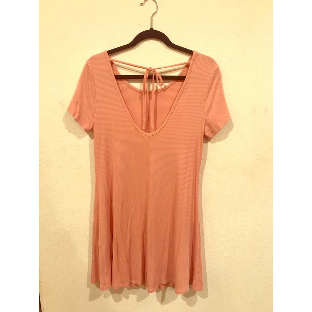 Coral Blush Pink T-Shirt Dress with Tie-Back